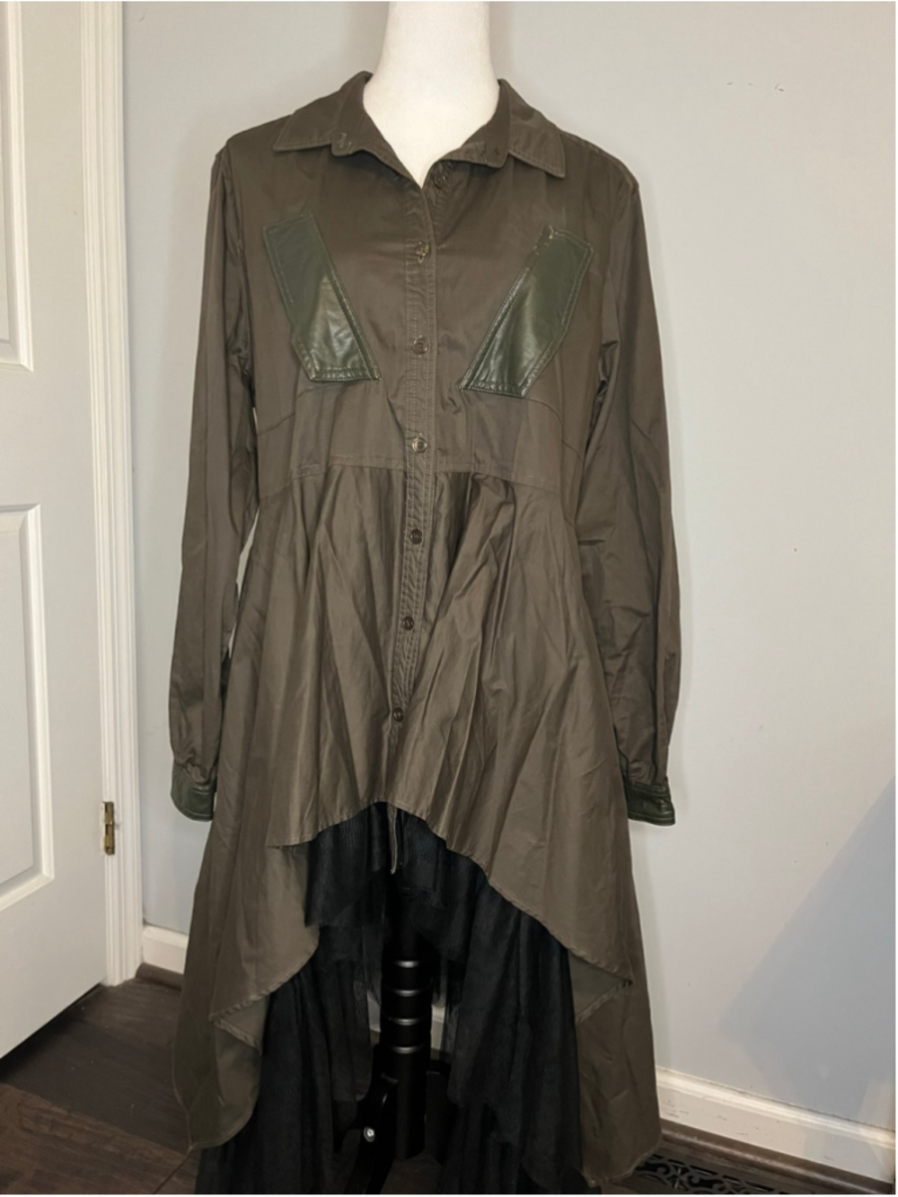 TOV Los Angeles Olive & Black High-Low Midi Dress with Tulle